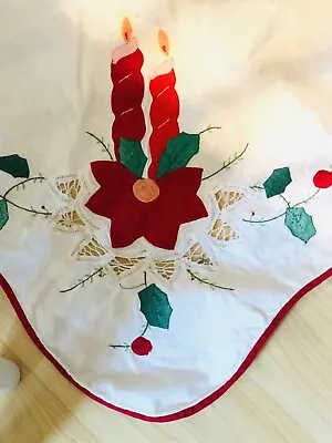 Vintage White Cotton Embroidered Appliqued Christmas Table Cloth 78” X 63” • $22.95