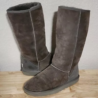 UGG Womens Boots Size 11 Tall Gray Grey Suede Sheep Fur Snow Boots Preppy Logo • $49.99