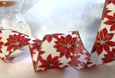 POINSETTIA Flower Ivory Linen Style Christmas - Luxury Wire Edge Ribbon 63mm • £2.10