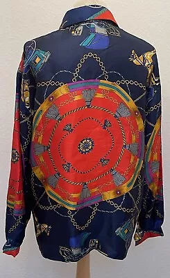 Versace Style Scarf Print Shirt Blouse Women’s Red Gold Blue Top Size M/L • $36.74