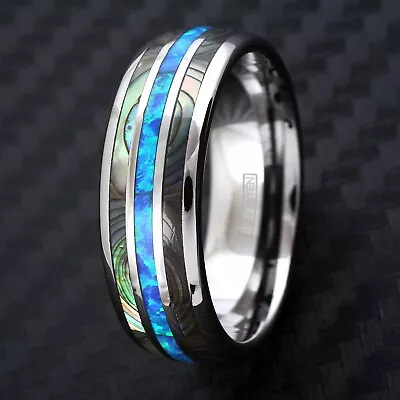 8mm Tungsten Carbide Men's Abalone And Hawaiian Blue Opal Wedding Band Ring • $7.99