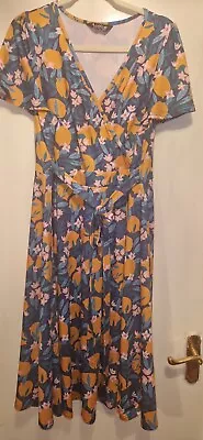 Lady Vintage Lyra Dress Size 18 Stretchy Belted Midi Swing Leafy Lemon Print Vgc • $27.37