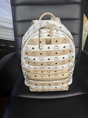 MCM Striped Visetos Monogram Stark Backpack Beige White Medium • $350