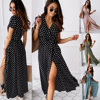 £10.99 • Buy Womens Maxi V Neck Split Dress Summer Polka Dot Party Evening Wrap Dress UK10-20