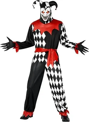 Mens Evil Jester Costume Light Up Mask Adult Scary Red Eye Clown Suit Halloween • $35.95