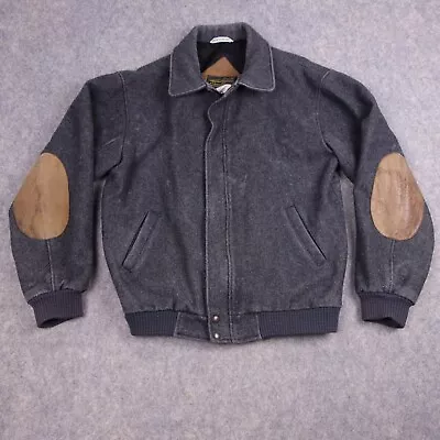 Vintage Eddie Bauer Bomber Jacket Large Gray Elbow Patch Wool Mens • $44.99
