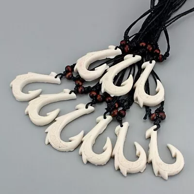 12Pcs Ethnic Tribal White Yak Bone Carving Maori Fish Hook Pendant Necklace • $11.99