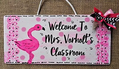 TEACHER Pink Flamingo SIGN Wall Room Door Hanger Plaque Classroom Class School • $13