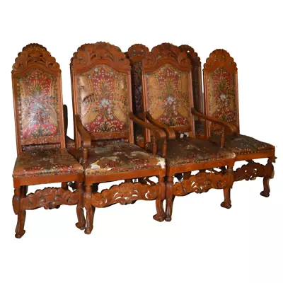 Antique Heavily Carved Oak Chairs - Unusual Leather #22020 • $1675