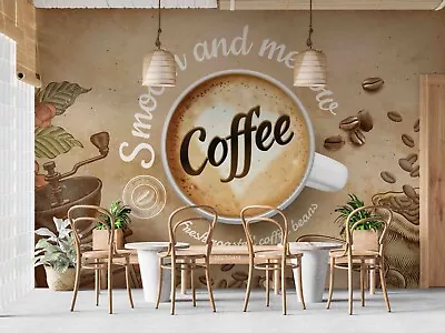 3D Coffee Cup Beans Brown Wallpaper Wall Mural Peel And Stick Wallpaper 330 • $32.17