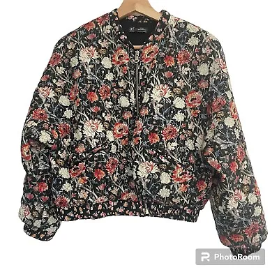 Zara Trf Moody Floral Bomber Jacket Size M Zip Up Black Soft Colorful Flowers • $23