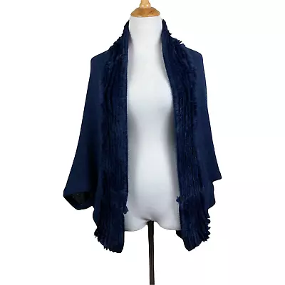 Sylvia Alexandre Shrug Shawl Sweater Women OS 3/4 Sleeve Navy Faux Fur Trim Open • $19.98