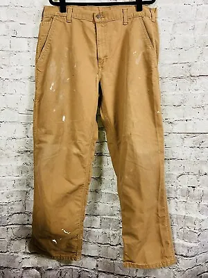VINTAGE CARHARTT Pants Men's 36 X 30 Work Dungaree KHAKI Brown Paint Splattered • $44.26