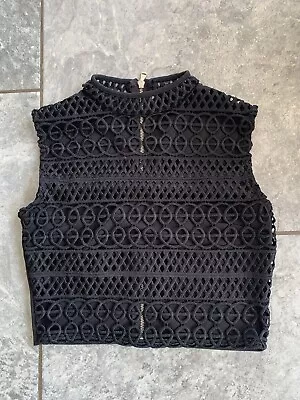 River Island Lacy Cut Out Cropped High Neck Top Black Size 8 Zip Back • £4