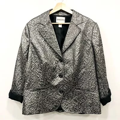 CHICO’S VTG Sz 3 Silver Metallic Crinkled Textured Business Casual Jacket XL • $34.99