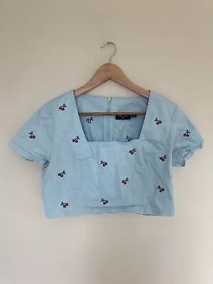 Lazy Oaf Cherry Print Blue Crop Top Size 14 Kitsch Kawaii • £20