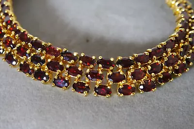 Vintage Garnet 3 Row Tennis Bracelet Gemstones Sterling Silver 925 Gold Wash 8'' • $225