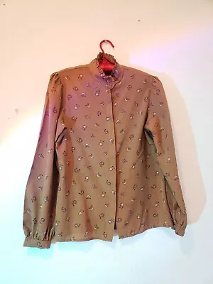 Vtg 70s Brown Sz M L 12 Floral Long Sleeve Button Up Top Shirt Secretary  • $4.99