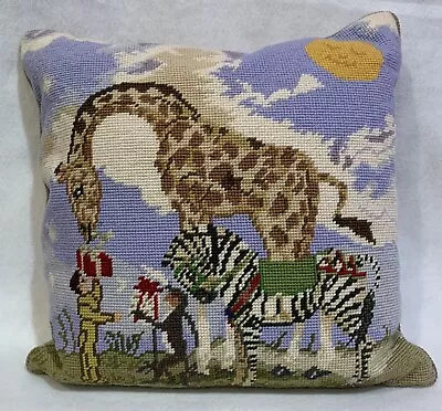Katha Diddel Twin Pandas Wool Needlepoint Pillow Giraffe Zebra Monkey Animal 15” • $36