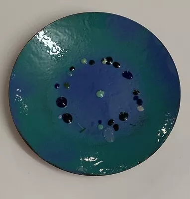 Vintage Hand Made Abstract Enamel On Copper Plate Turquoise Blue & Sky Blue  7” • $15.99