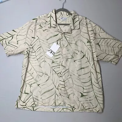 Zara Men Shirt M Beige Button Up Leaf Print Short Sleeve Camp Hawaiian Relaxed • $26.99