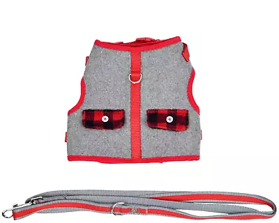 Martha Stewart Buffalo Check Dog Harness W/ Coordinating Leash Grey/Red XXS Size • $17.50