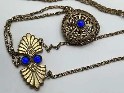 Vintage Y Chain Photo Locket Pendant Necklace Blue Cabochons Filigree Estate • $8.55