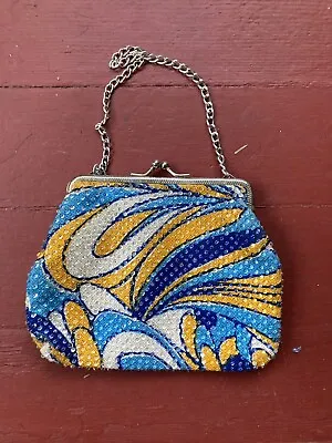 Vtg 1960s Mod Style YELLOW BLUE BEADED PURSE 7  Handbag Hippie • $22