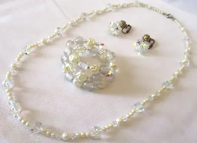 Vtg Crystal & Faux Pearl Bead Necklace - Wrap Bracelet  & Crystal Clip Earrings • $6