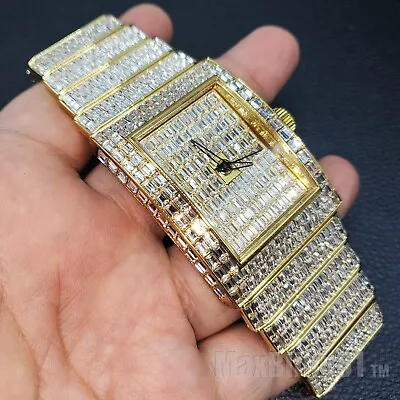 Men Full Iced Baguette Simulated Diamond Gold Silver Finish Hip Hop Metal Watch • $58.99