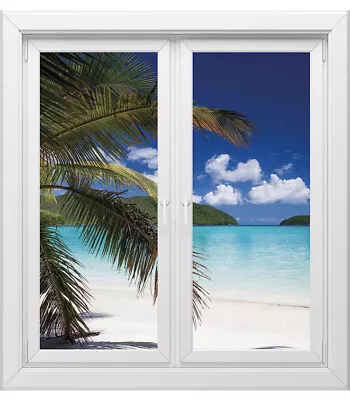 Tropical Beach Window 3D Wall Decal Art Removable Mural Vinyl Sticker 26.5” 29” • $28.49