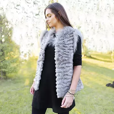 Rabbit Fur Vest With Raccoon Fur Trim In Light Grey • £157.99