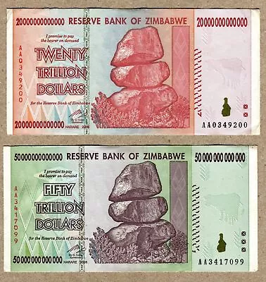 Zimbabwe 20 50 Trillion Dollars 2008 VF Currency Bills • $127.53