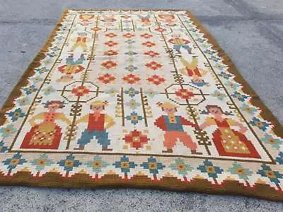 Vintage French Needle Point Handmade Floral Beige Wool Rug Carpet 151x89cm • £250