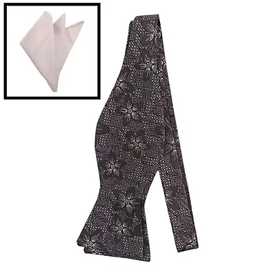 Mens BOW TIE SELF TIE Silk Black Floral Adjustable Bowtie White POCKET SQUARE • $12.87