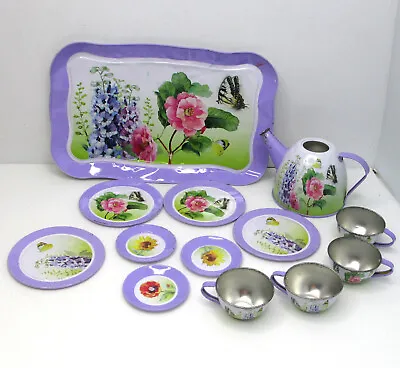 Vintage Metal Tin Litho Tea Party Set Child Toy Flowers Butterflies Purple Trim • $14