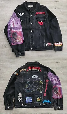 Vintage 90's Heavy Metal Band Patch Denim Jean Jacket M Metallica Megadeath Slay • $179.99