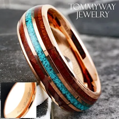 Engraved 8mm Rose Gold Plated Tungsten Koa Wood W/ Crushed Turquoise Men's Ring • $17.99