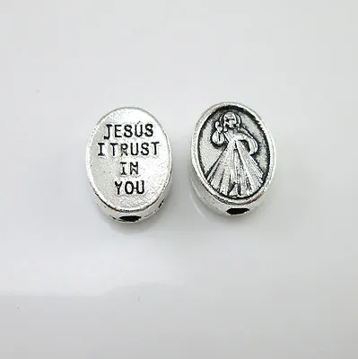 100pcs Of Oval Silver Finish Jesus I Trust In You Divine Mercy Medal Rosary Bead • $26.98