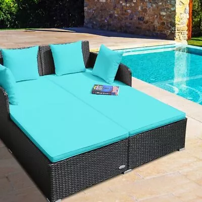 Garden 2 Seater Rattan Daybed Furniture Set Cushions Sun Bed Weight Capacity • £259.99