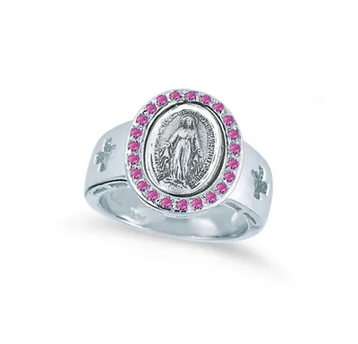 Sterling Silver Cross Cut Out Miraculous Medal Pink Cubic Zirconia Ring Size 7 • $110.50