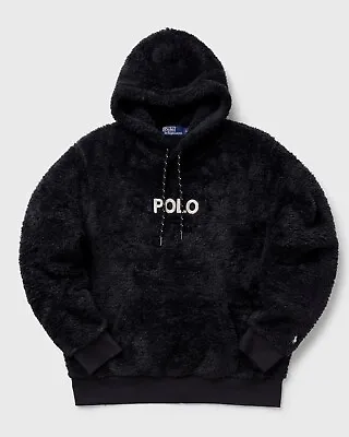 Polo Ralph Lauren Embroidered-Logo Faux-Fur Pile Fleece Hoodie Black XL RRP £199 • £108