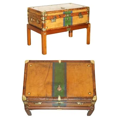 Restored British Army Brown Leather Trunk Coffee Table Honi Soit Qui Mal Y Pense • $4355.93