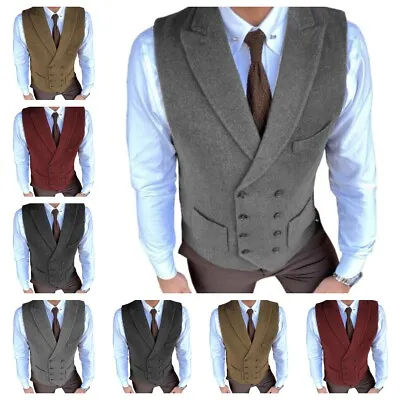 Mens Double-Breasted Vest Vintage Herringbone Tweed Wool Waistcoat Large XL XXL • $29.69