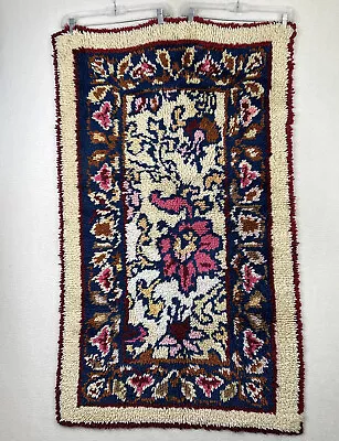 Vintage 70's Hook Latch Wool High Pile Floral Rug 50”x29” • $39.99