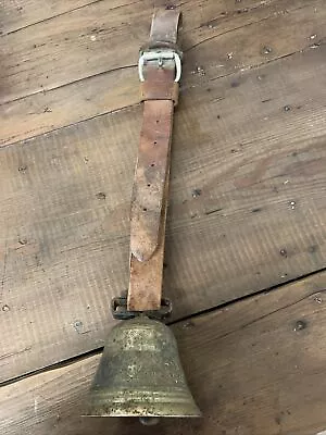 Large Farm Cow Brass Bell W/ Original Leather Neck Belt Antique Rural Primitive • $50