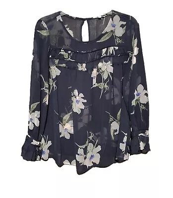 Pleione S Women's Blue Gray Ruffle Sheer Floral Top Blouse Long Sleeve • $16.99