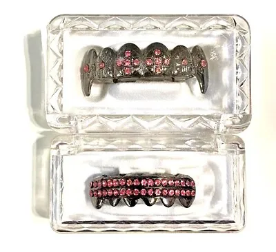 Gun Metal Lab Diamond Mouth Teeth Grillz Upper Lower Fangs Set Cardi B Pink • $10.99