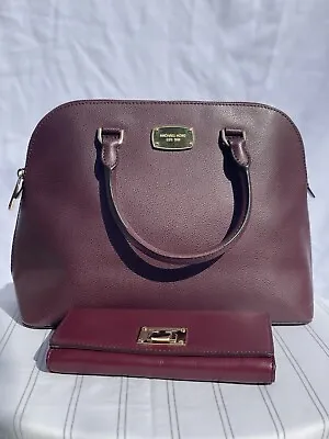 Michael Kors Cindy Saffiano Leather Large Dome  - Burgundy Bag & Wallet • $130