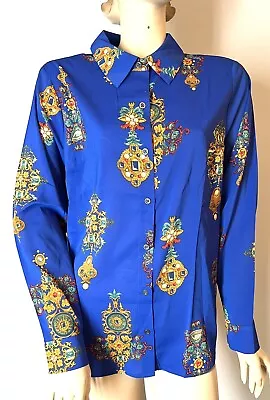 Motto NEW Royal Blue Colorful Print Slinky Long-Sleeved Blouse NIP 16 • $19.99